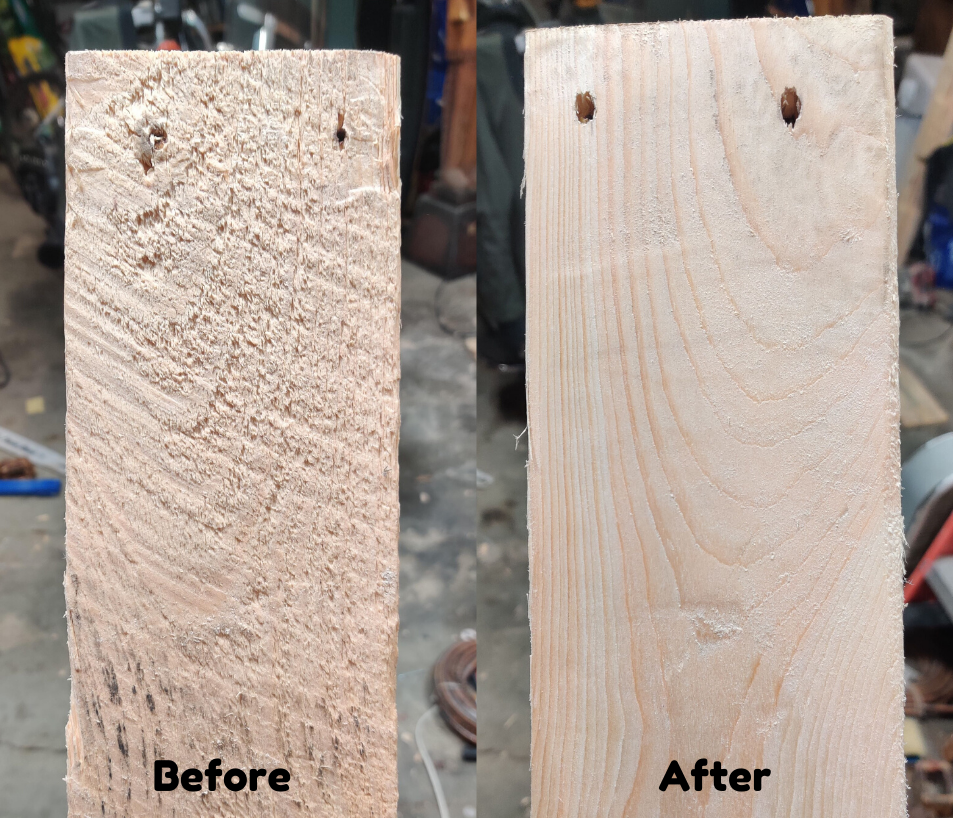 Before and after sanding pallet boards